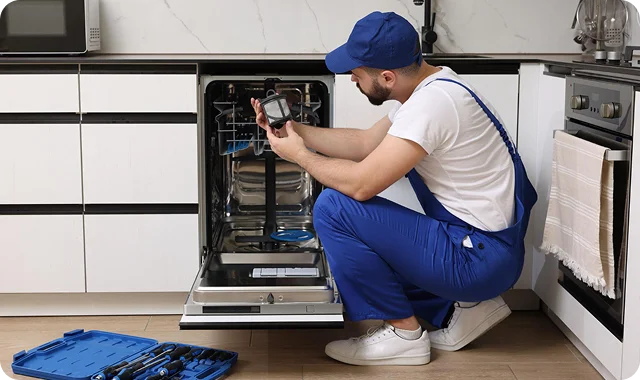 A technician in blue overalls kneels in front of an open dishwasher in a modern kitchen, examining a part. A toolbox with various tools is on the floor.