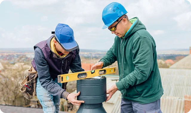Two construction workers in blue hard hats are on a rooftop, using a yellow level tool to align a cylindrical structure, focused and collaborative.
