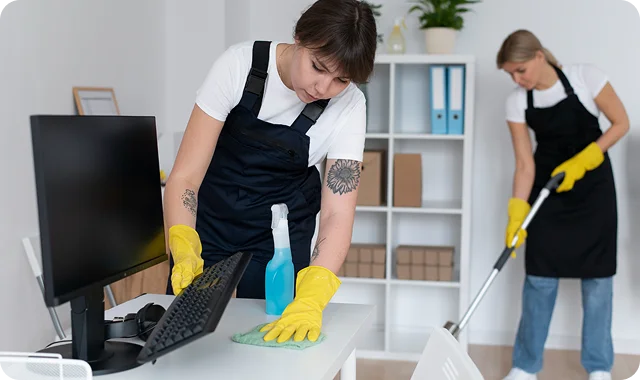 Two people in aprons and gloves clean an office. One wipes a desk near a computer monitor, and the other mops the floor. Shelves and plants in the background.