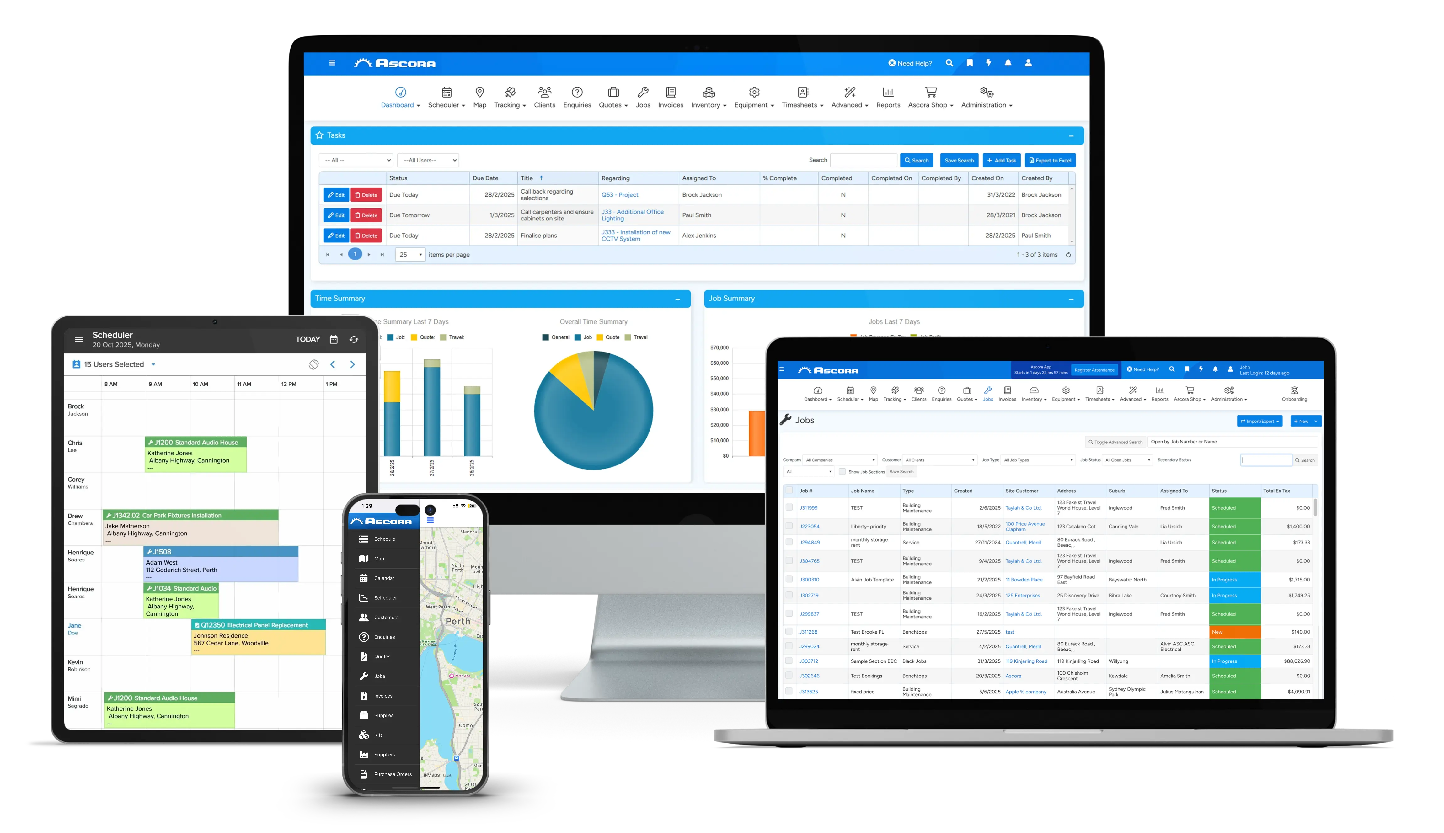A laptop, iPhone, and tablet displaying different app interfaces.