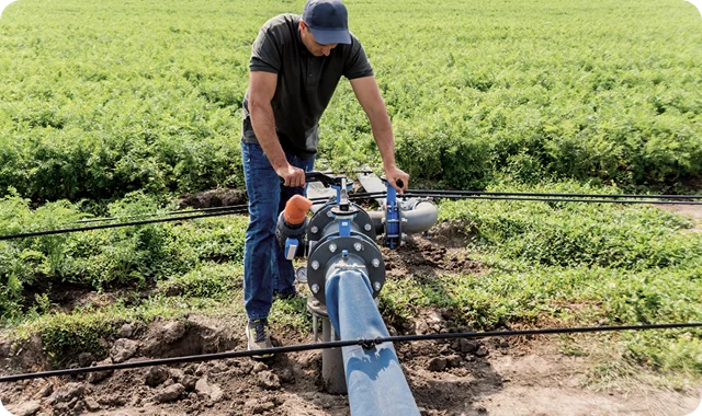 Man in blue cap and jeans adjusts irrigation pipe in green field, focusing on control valve. Bright, sunny day highlights agricultural work scene.