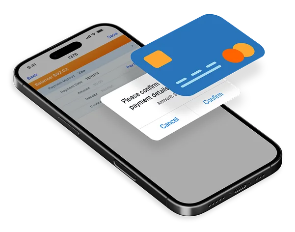 Smartphone displaying a payment confirmation prompt and a credit card graphic, highlighting a secure transaction process.