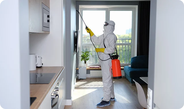 Mobile screen with a pest control app interface displaying job details. Nearby, a person in protective gear sprays a wall. Dynamic and focused tone.