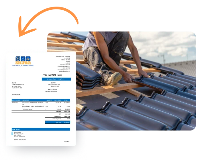 Marketing graphic showcasing invoice creation from a roofing quote.