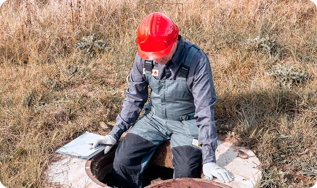 A worker in a red hard hat and gray overalls kneels by an open manhole in a grassy field, holding a clipboard, conveying a sense of concentration and safety.