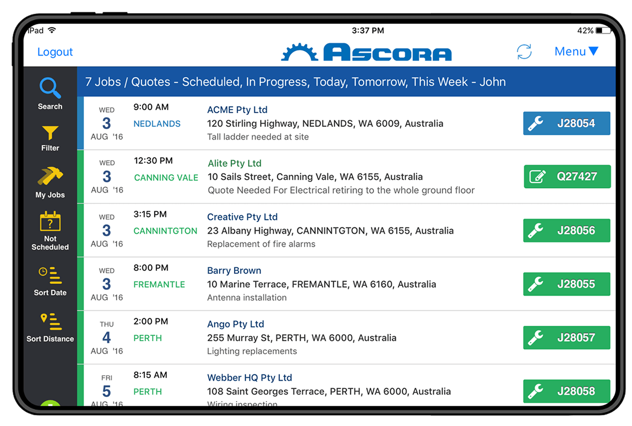 Ascora field app jobs list
