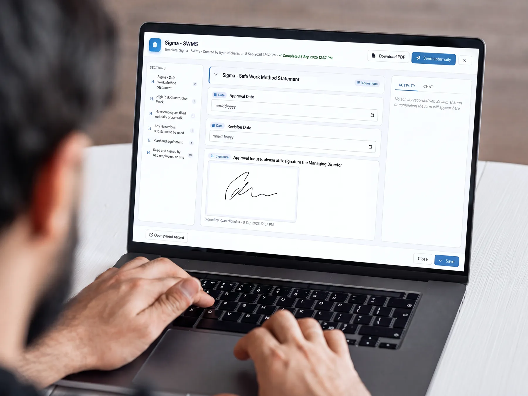 Custom electronic form on a laptop screen.