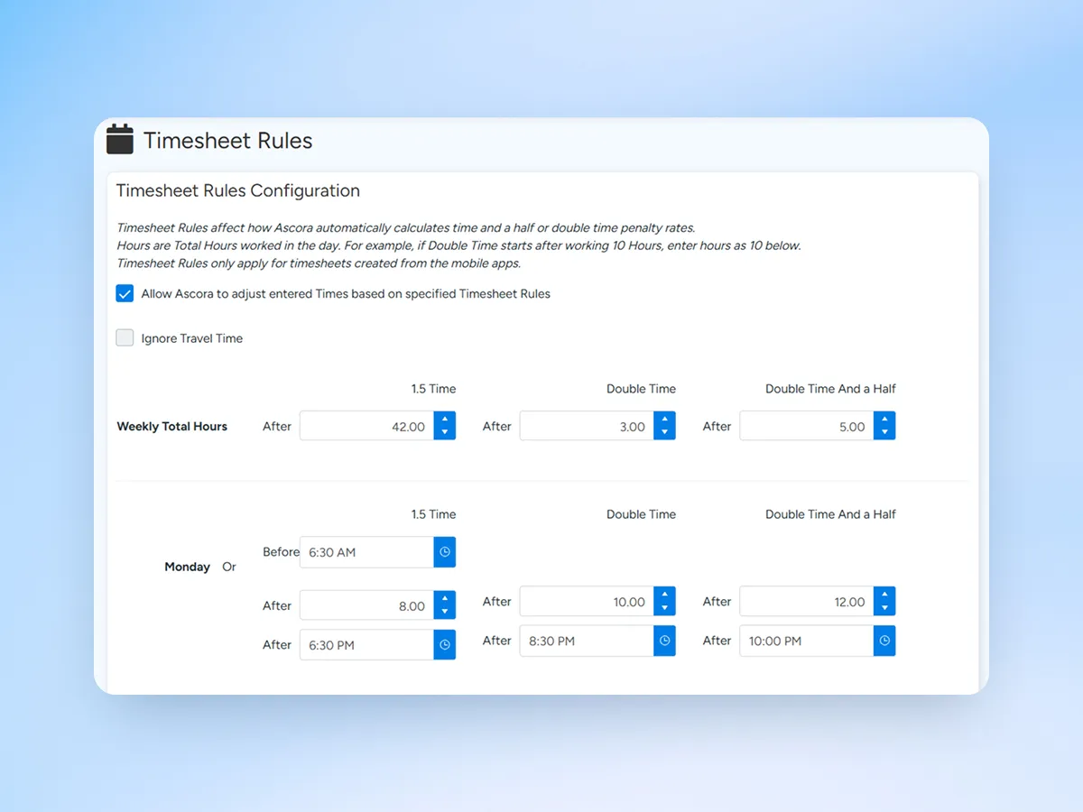 Timesheet rules in Ascora