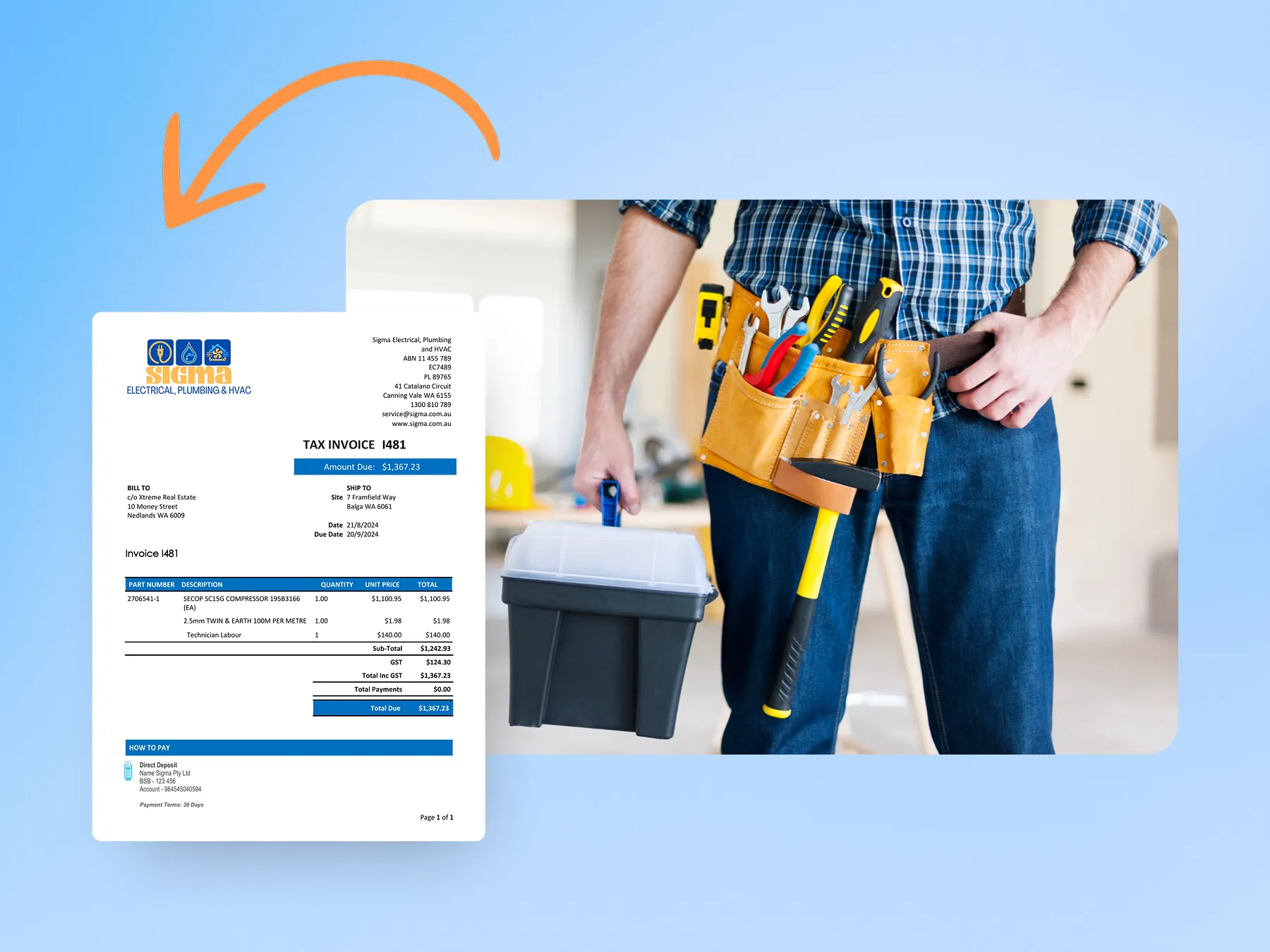 Marketing graphic showcasing invoice creation from quote.