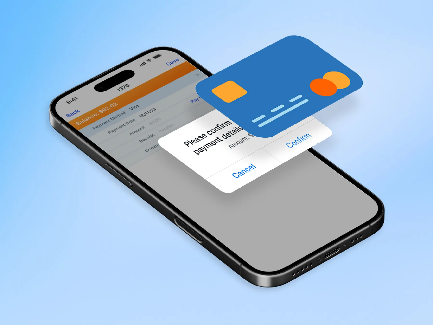 Smartphone displaying a payment confirmation prompt and a credit card graphic.